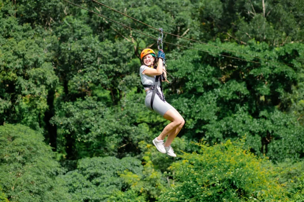 Tourists ziplining high above the lush green rainforest canopy.