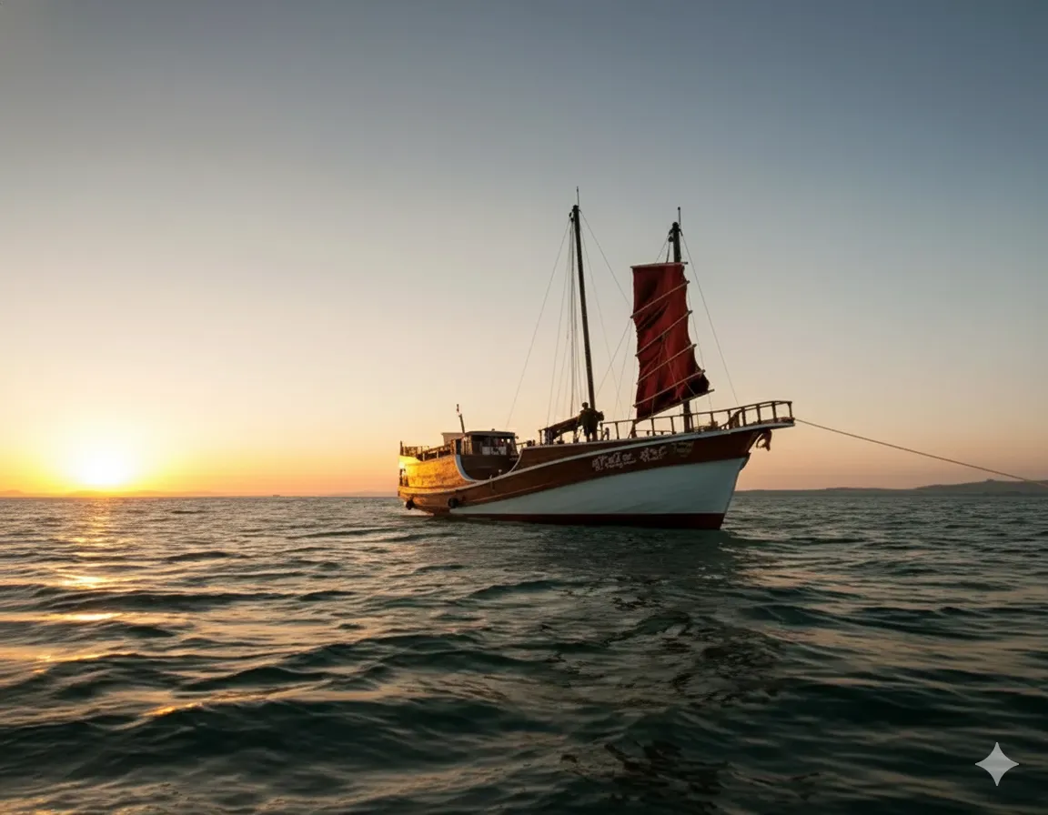 A Krabi sunset cruise sailing during the golden hour.
