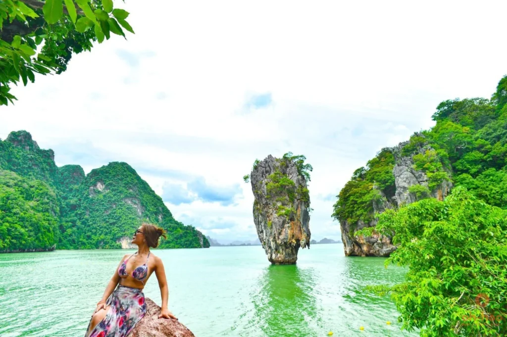 Close-up view of Koh Tapu, the iconic nail-shaped limestone pinnacle at James Bond Island, Phuket