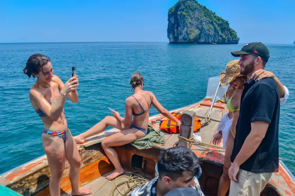 longtail boat Hong Island tour from Krabi approaching Koh Hong