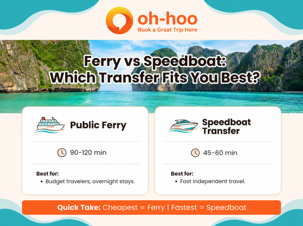 Phuket to Phi Phi Island ferry vs speedboat comparison infographic showing travel times, ideal traveler types, and transportation options between Phuket and Phi Phi Island