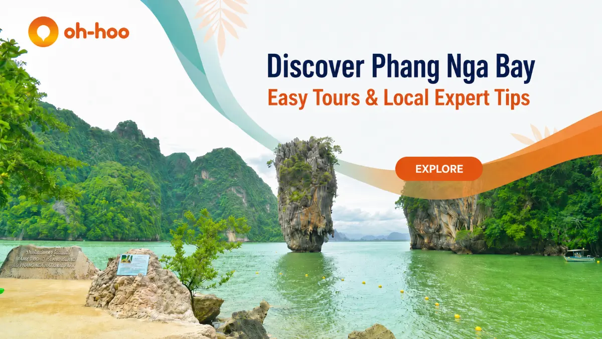 Phang Nga Bay tour banner featuring James Bond Island, limestone cliffs, and emerald-green sea with local tour tips