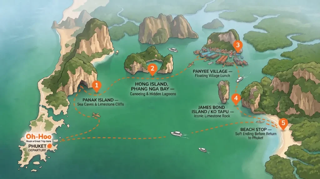 Illustrated Phang Nga Bay tour from Phuket route map showing Panak Island, Hong Island, Panyee Village, James Bond Island, and beach stop