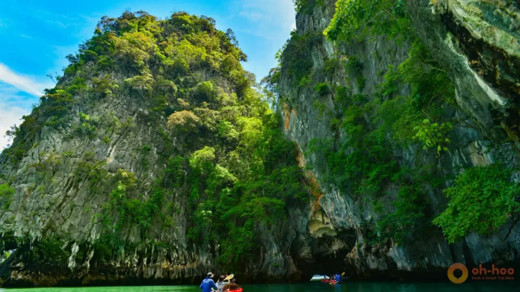Limestone cliffs and kayaking scenery at Hong Island on a Phang Nga Bay tour by speedboat from Phuket