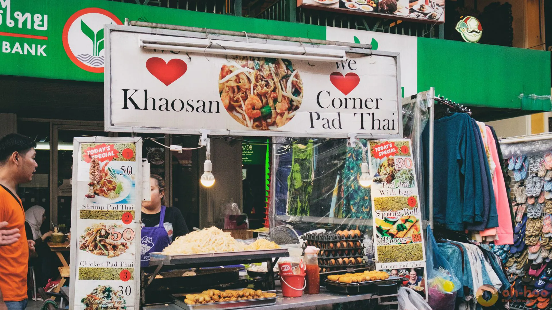 Khao San Road street food stall in Bangkok, Thailand serving pad Thai to tourists