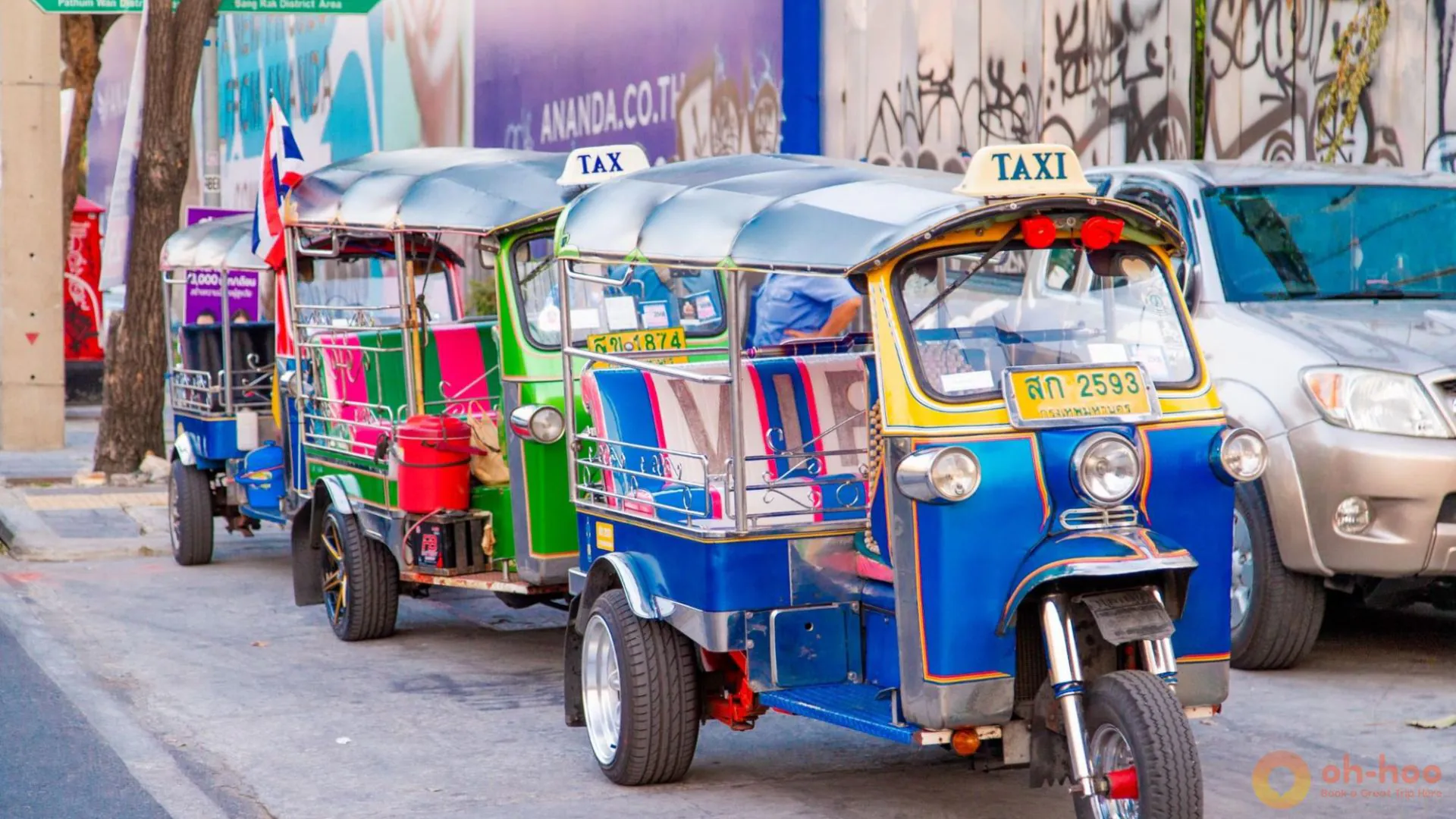 Colorful tuk tuks in Bangkok, Thailand, a popular way to get to Khao San Road