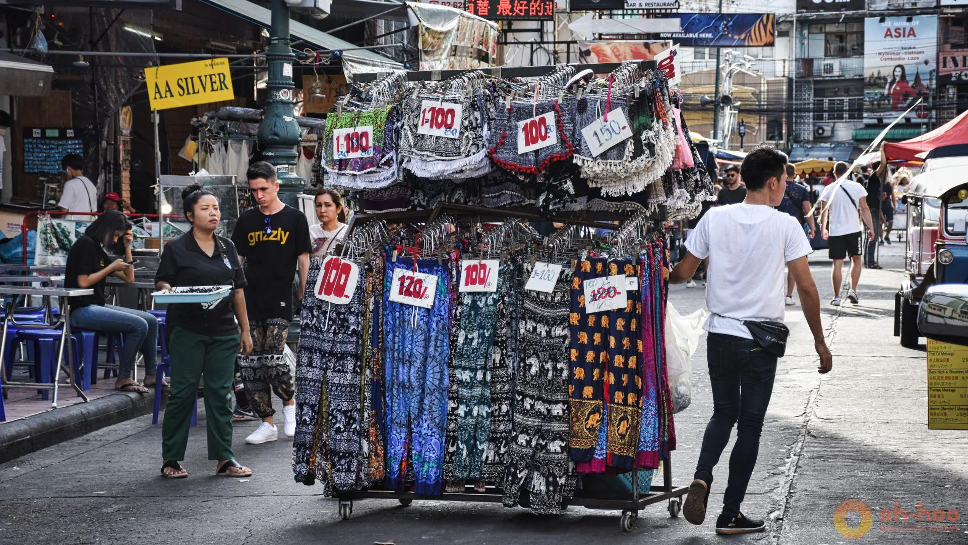 Khao San Road shopping stalls in Bangkok, Thailand selling local clothes, souvenirs, and handmade products