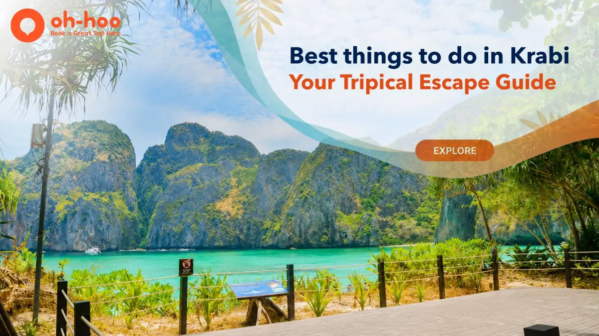 This image shows a scenic Krabi travel guide banner featuring turquoise sea, limestone cliffs, tropical greenery, and the headline “Best things to do in Krabi,” ideal for an article about Krabi tours, islands, and hidden gems in Thailand.