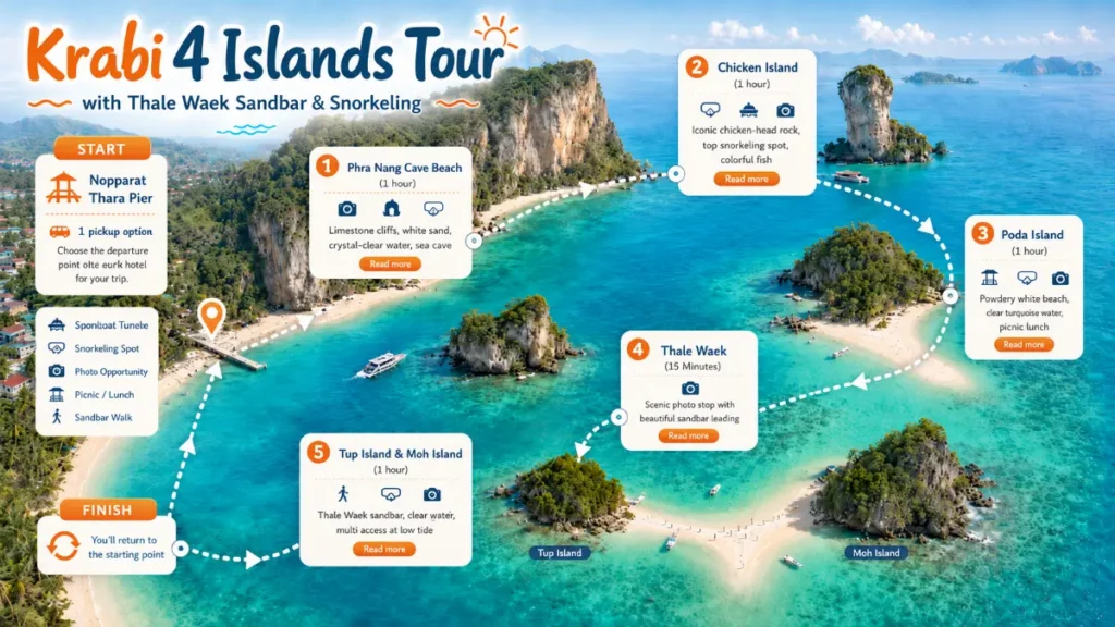 This infographic shows a Krabi 4 Islands Tour, one of the best things to do in Krabi Thailand, featuring Phra Nang Cave Beach, Chicken Island, Poda Island, Thale Waek Sandbar, Tup Island and Moh Island with snorkeling spots, sandbar walks and scenic island boat routes.