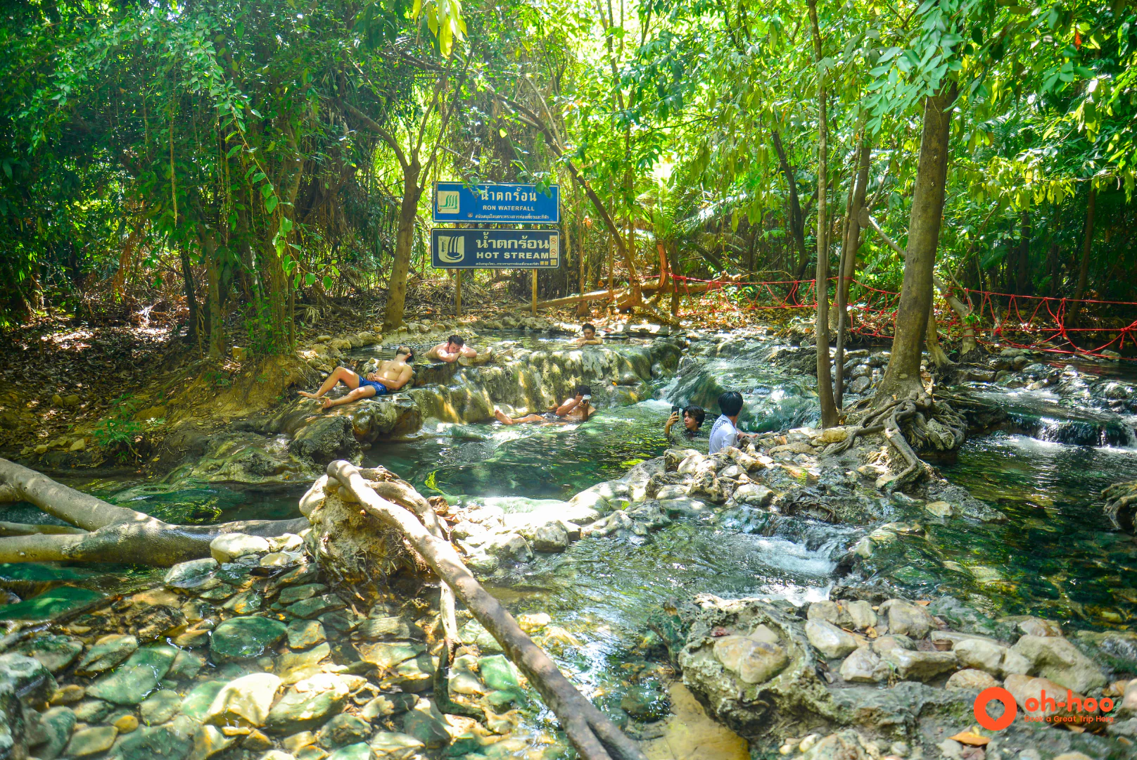 Terraced natural stone basins of the Krabi hot springs in the jungle near Emerald Pool