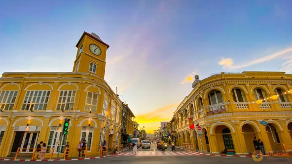 Sino-Portuguese buildings and clock tower at sunset, one of the top things to do in Phuket town