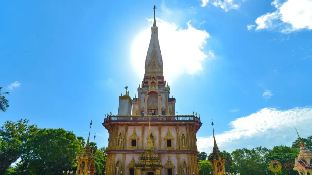 Ornate pagoda at Wat Chalong beneath a blue sky, one of the best things to do in Phuket