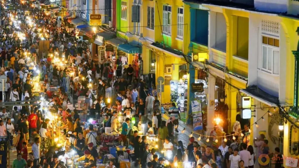 Crowds exploring Phuket Town Walking Street and local food stalls, one of the most vibrant things to do in Phuket at night