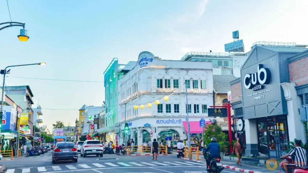 Colorful historic shophouses and local street life in Phuket Old Town, featured in this Phuket travel guide