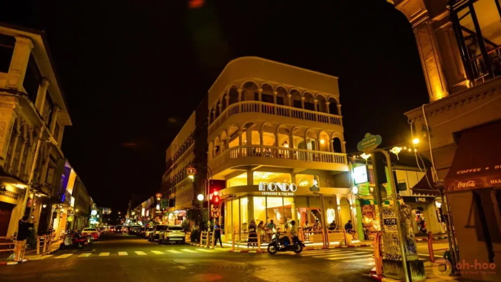 Illuminated Sino-Portuguese buildings and cafés, one of the best things to do in Phuket Old Town at night