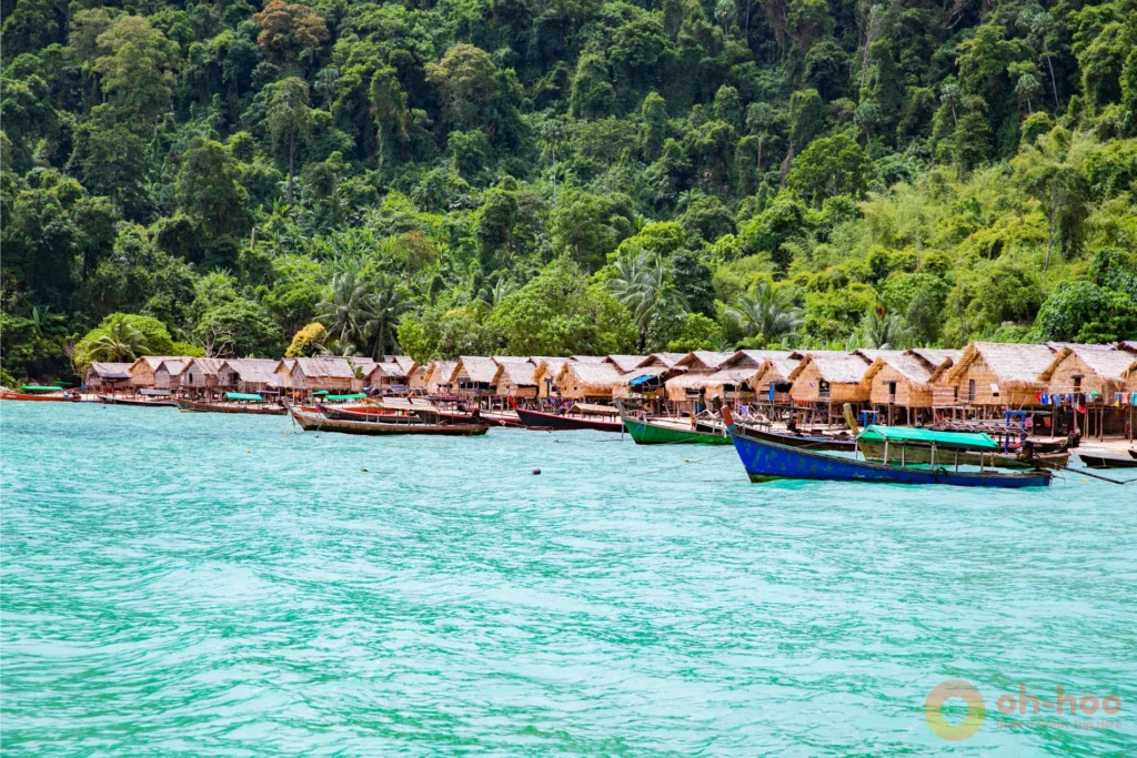 Moken village and long-tail boats at Ao Chong Khat, Ko Surin