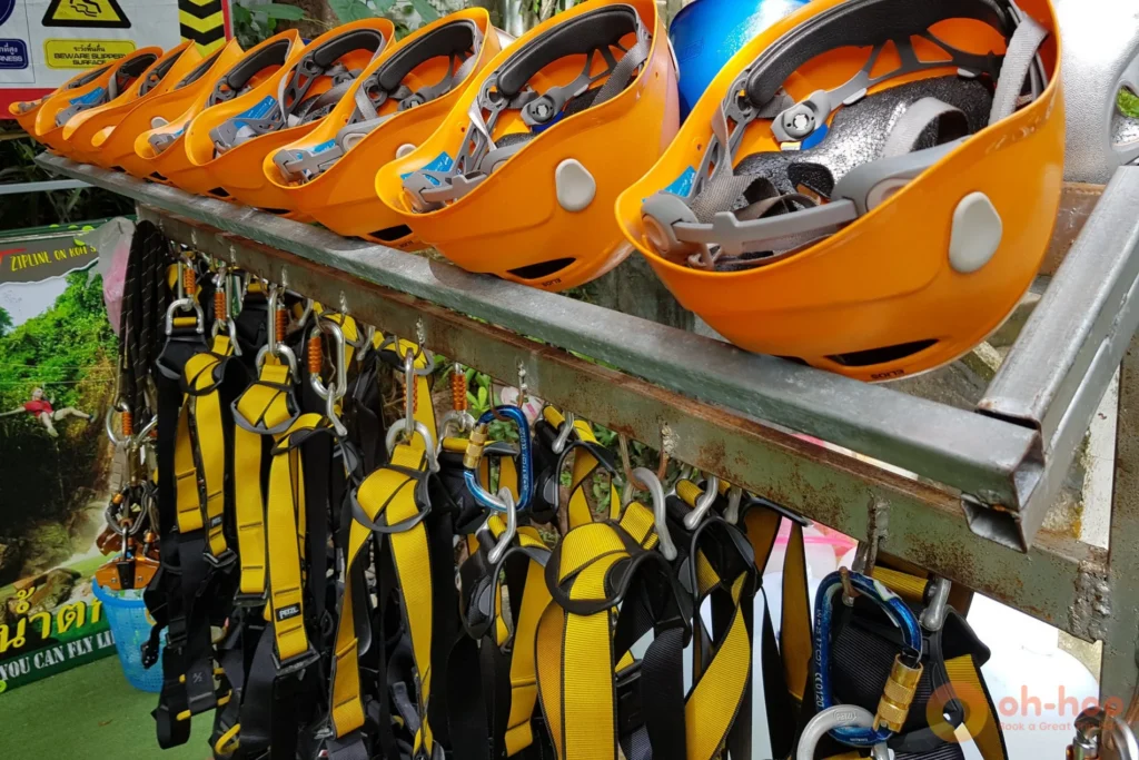 Zipline safety harnesses and helmets ready for a Koh Samui zipline adventure