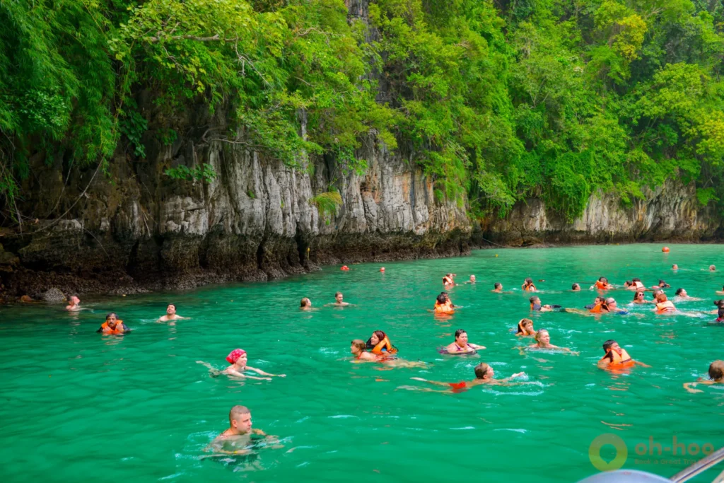Tourists wearing life jackets snorkeling in clear green water on a Phi Phi tour