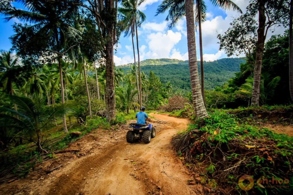 Riders on quad bikes during a sunset Koh Samui ATV tour at golden hour