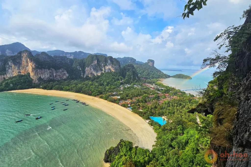 Panoramic aerial view of Railay Beach and limestone cliffs in Krabi, Thailand