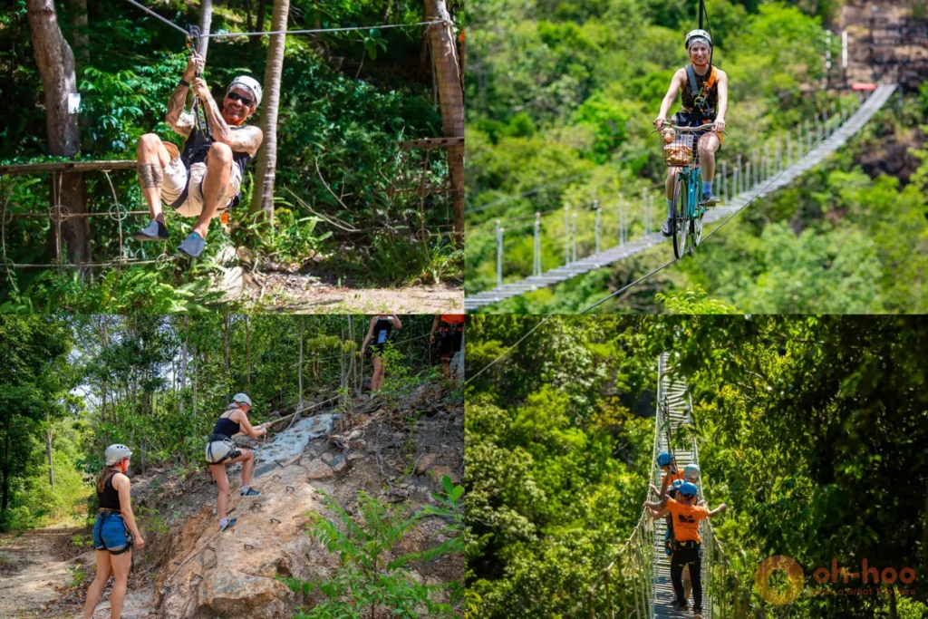 A zipliner soaring across the valley on a cable with Wang Sai Waterfall and jungle in the background at the Koh Phangan sky adventure park