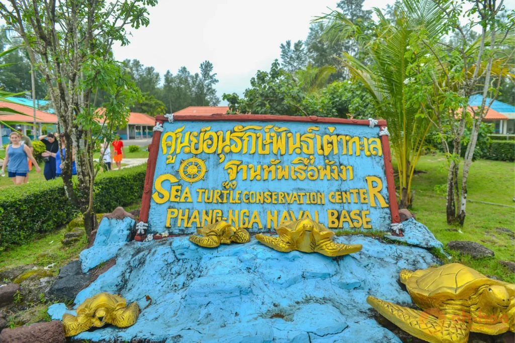 Sea Turtle Conservation Center sign with golden turtle statues at the Phang-Nga naval base, a stop near Khao Lak