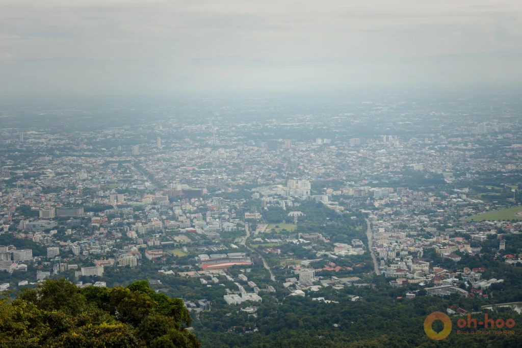Panoramic daytime view of Chiang Mai city and valley from Doi Suthep viewpoint