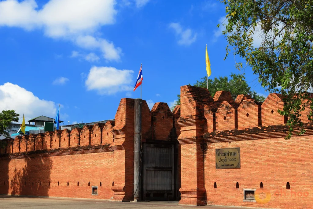 Historic Chang Phuak Gate and surrounding moat in Chiang Mai Old City