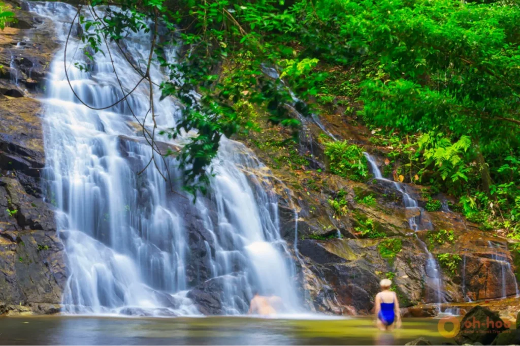 Waterfall surrounded by lush rainforest in Khao Lak-Lam Ru National Park, one of the scenic things to do in Khao Lak.