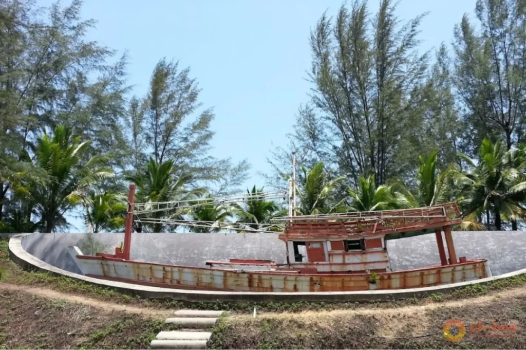 Fisherman boat swept inland by the 2004 Indian Ocean tsunami, preserved as a memorial in Khao Lak Thailand.