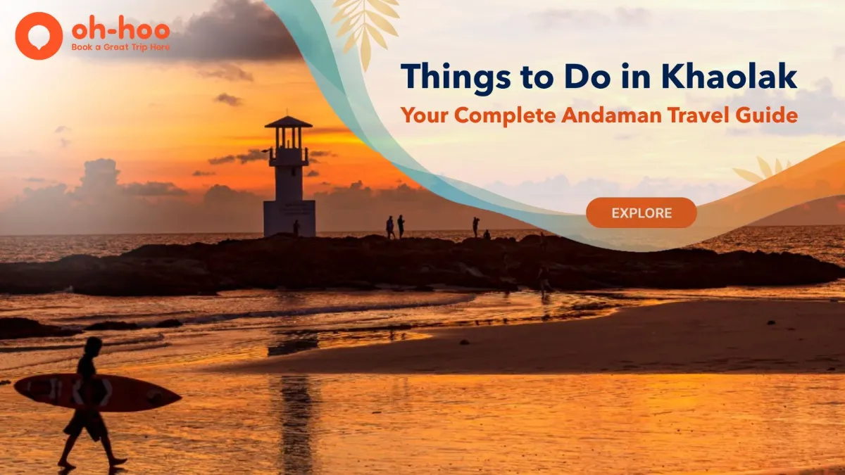 Sunset over Khao Lak beach with a lighthouse and surfer, highlighting the best things to do in Khao Lak.