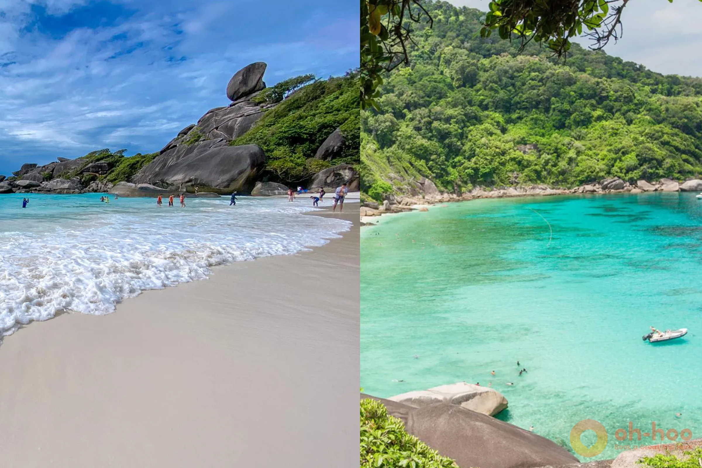 Split view showing the white sand beach and iconic Sail Rock at Similan Islands alongside crystal-clear turquoise waters in the Surin Islands.
