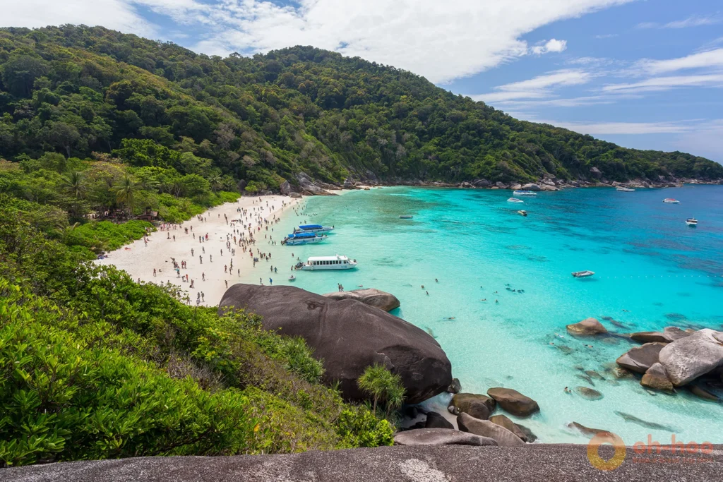 Aerial view of turquoise bay and white sand at Similan Islands.