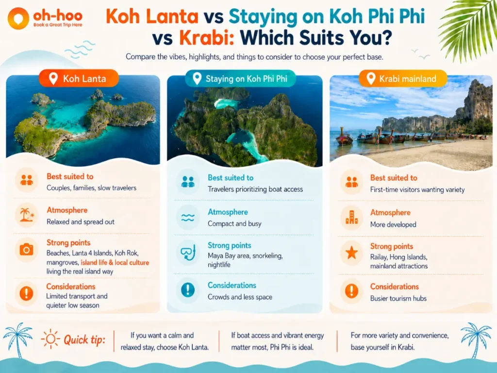 Koh Lanta Thailand comparison with Koh Phi Phi and Krabi, highlighting beaches, island life, snorkeling and travel experiences