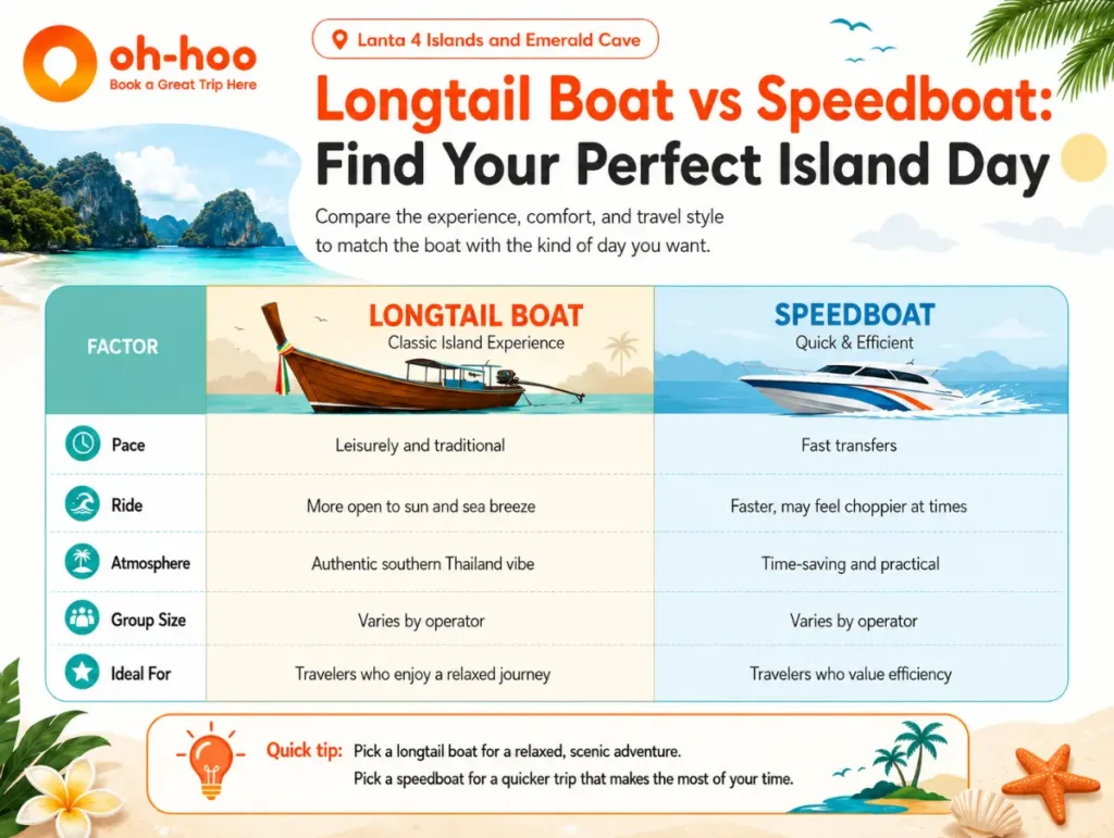 Lanta 4 Islands longtail boat vs speedboat comparison for choosing the right island trip from Koh Lanta