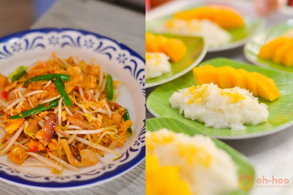 Plated homemade Thai green curry, pad thai and mango sticky rice from a cooking class