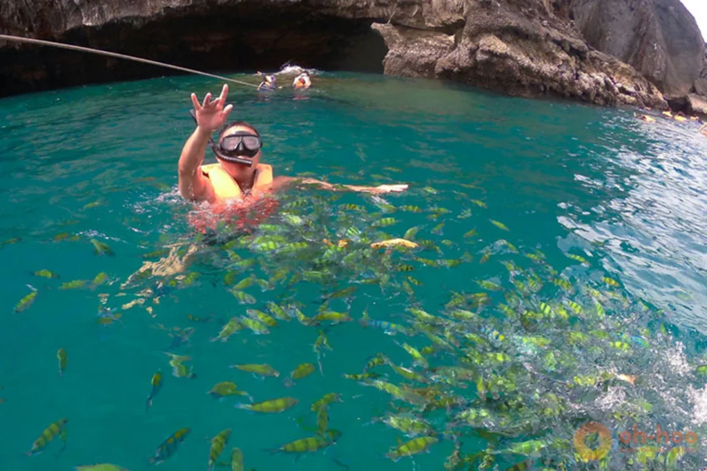 Swimmers in life jackets entering the dark Emerald Cave tunnel on Koh Mook