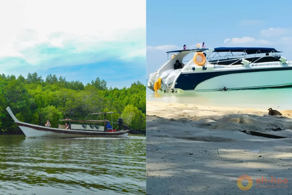 A traditional wooden longtail boat and a modern speedboat moored off a Koh Lanta island, illustrating the two 4-island tour options