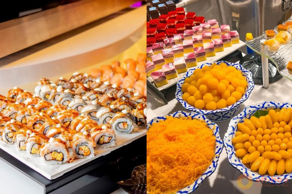 Thai and international buffet spread on board a Bangkok dinner cruise