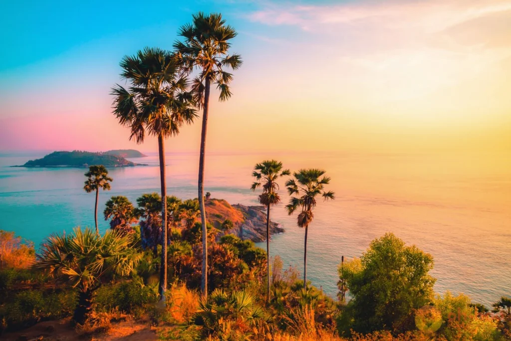 Sunset over a wide mountain in Promthep Cape at Phuket