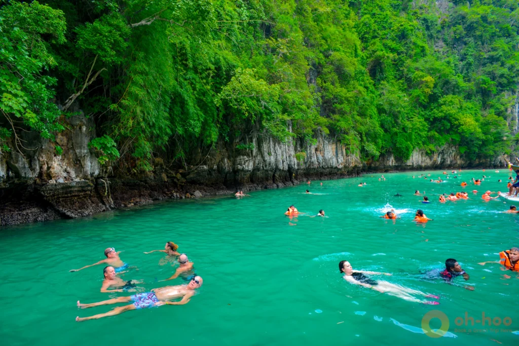 Snorkellers in clear water beside limestone cliffs on a Phi Phi tour