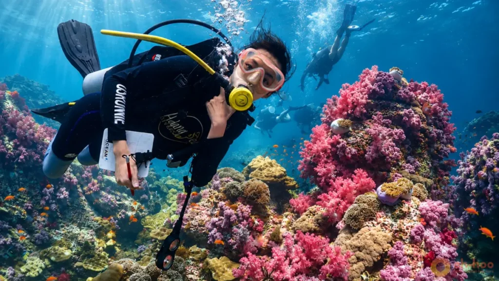 Scuba diving in Koh Lipe Thailand with a beginner diver exploring colorful coral reefs and clear tropical water