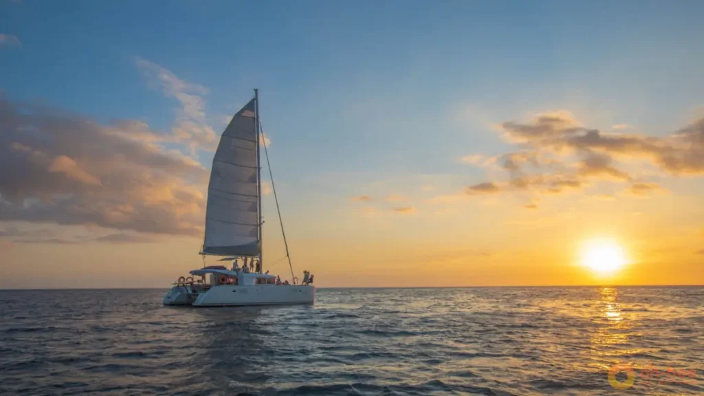 Sunset sailing near Koh Lipe Thailand with a yacht cruising across the sea during golden hour