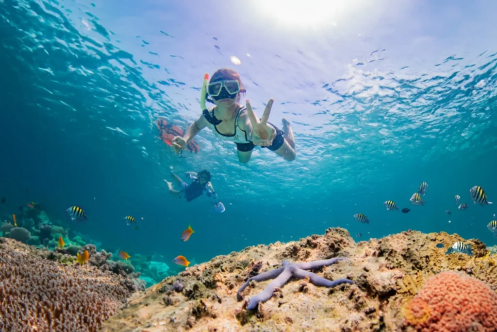 Snorkeller floating over shallow coral and tropical fish in clear water off Coral Island Phuket