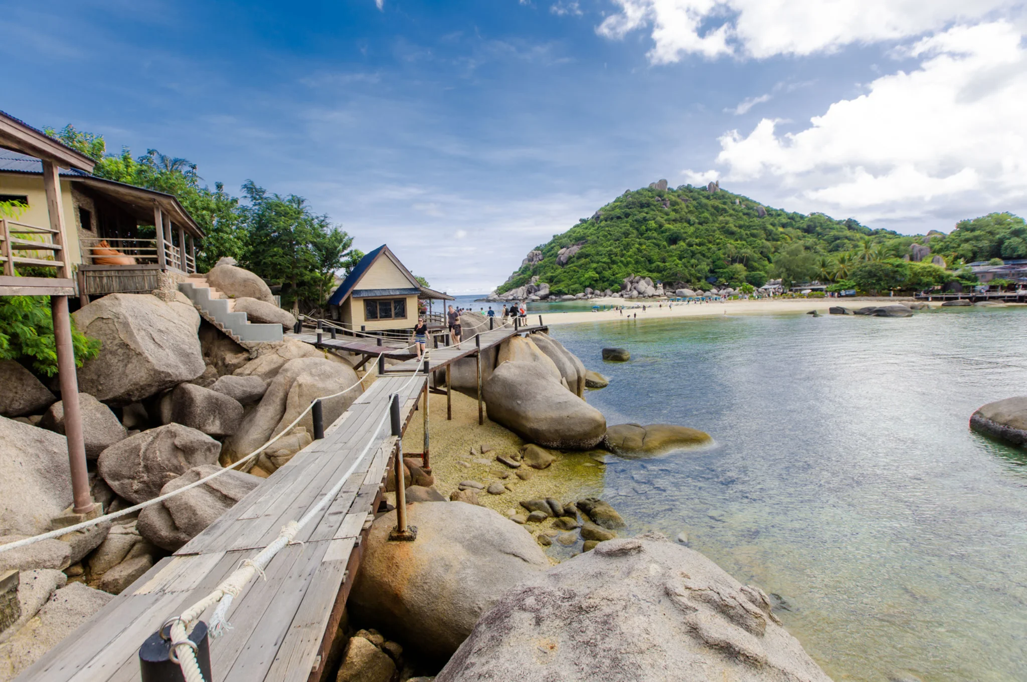 Clear shallow water and rocky headland at Shark Bay, Ao Thian Ok, on the southeast coast of Koh Tao