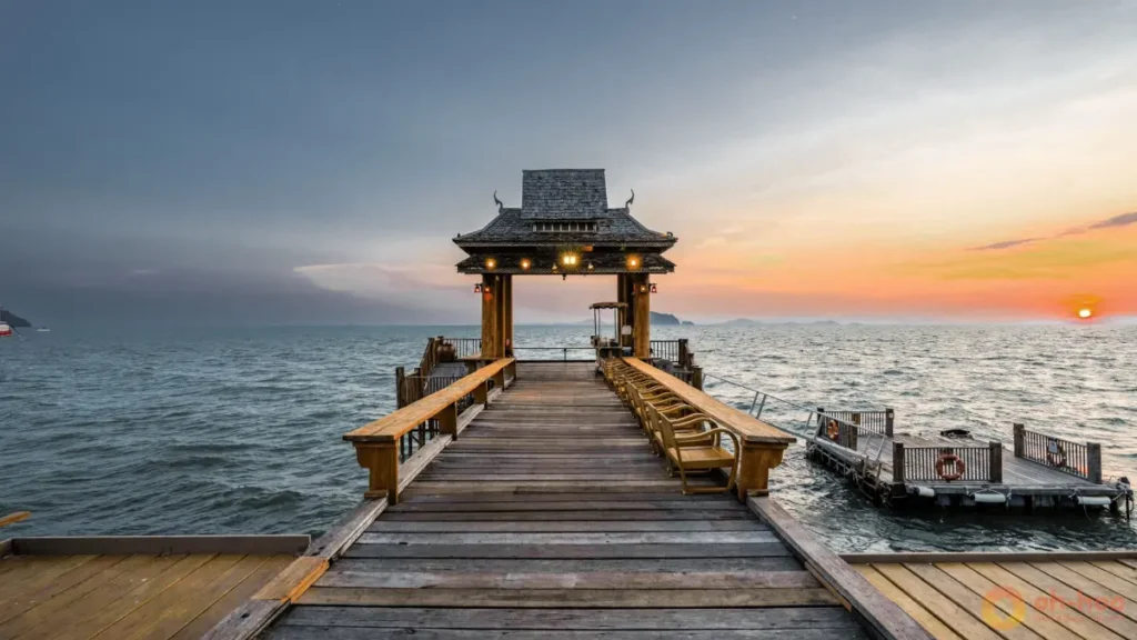 Wooden pier extending toward the sea at sunset over koh yao, with calm waterfront scenery and a relaxed island atmosphere.