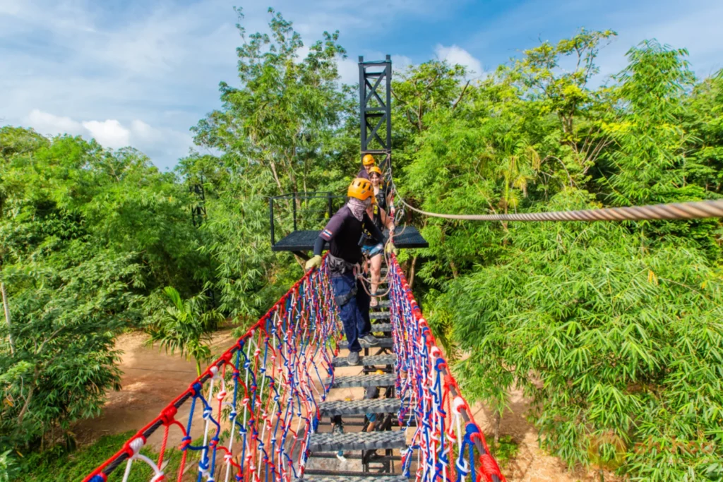 Guests being briefed by instructors at a zipline training platform before starting the course