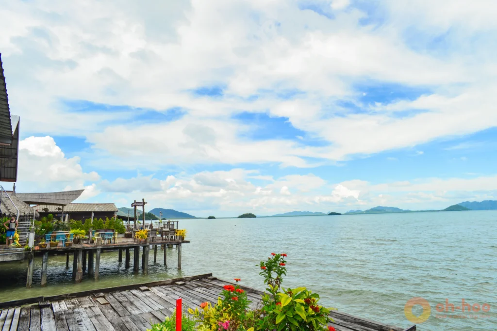 Wooden stilt houses over the water at Lanta Old Town on the island's east coast