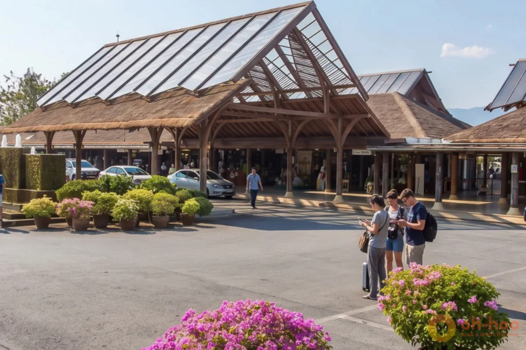 Passengers walking across the tarmac to the open-air terminal at Samui Airport