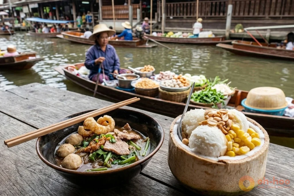 Bowl of boat noodles and coconut ice cream bought from a vendor at a Thai floating market